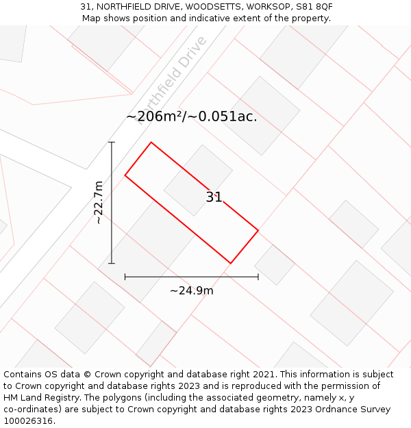 31, NORTHFIELD DRIVE, WOODSETTS, WORKSOP, S81 8QF: Plot and title map