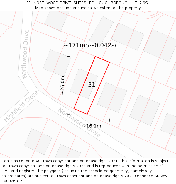 31, NORTHWOOD DRIVE, SHEPSHED, LOUGHBOROUGH, LE12 9SL: Plot and title map