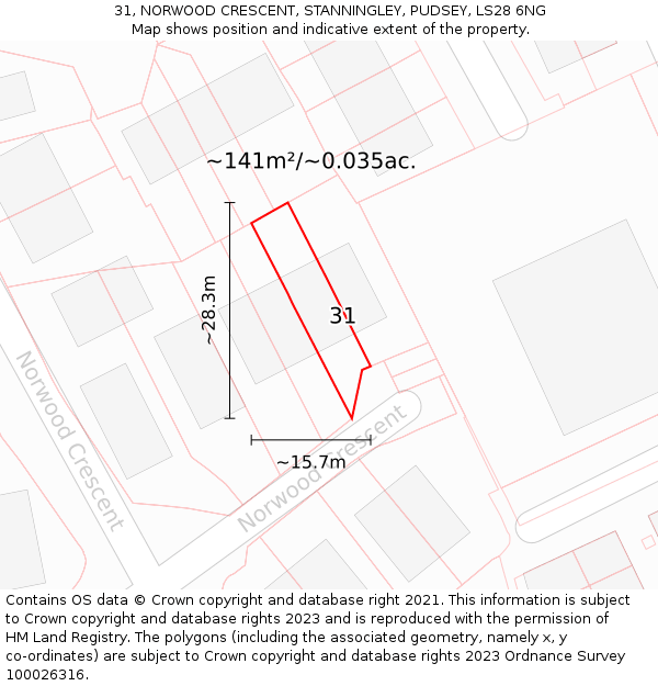 31, NORWOOD CRESCENT, STANNINGLEY, PUDSEY, LS28 6NG: Plot and title map