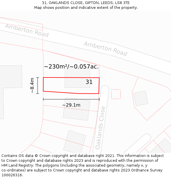 31, OAKLANDS CLOSE, GIPTON, LEEDS, LS8 3TE: Plot and title map