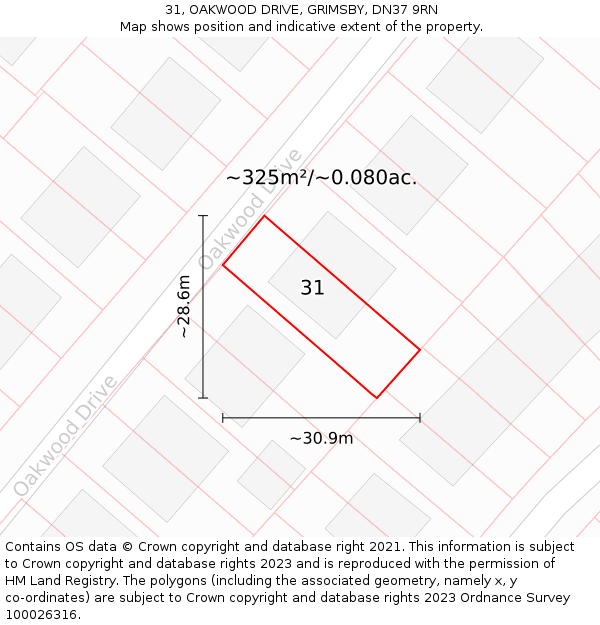 31, OAKWOOD DRIVE, GRIMSBY, DN37 9RN: Plot and title map
