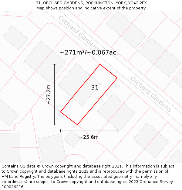 31, ORCHARD GARDENS, POCKLINGTON, YORK, YO42 2EX: Plot and title map