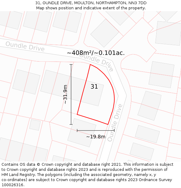 31, OUNDLE DRIVE, MOULTON, NORTHAMPTON, NN3 7DD: Plot and title map