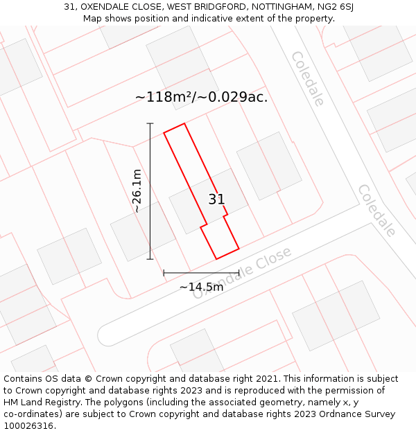 31, OXENDALE CLOSE, WEST BRIDGFORD, NOTTINGHAM, NG2 6SJ: Plot and title map