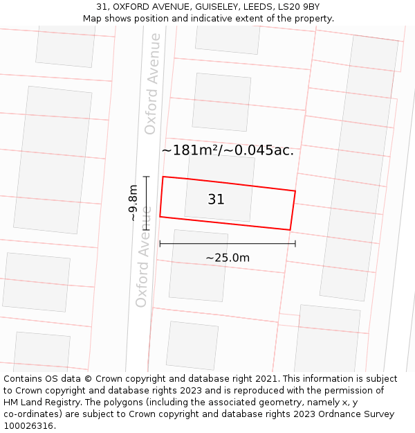 31, OXFORD AVENUE, GUISELEY, LEEDS, LS20 9BY: Plot and title map