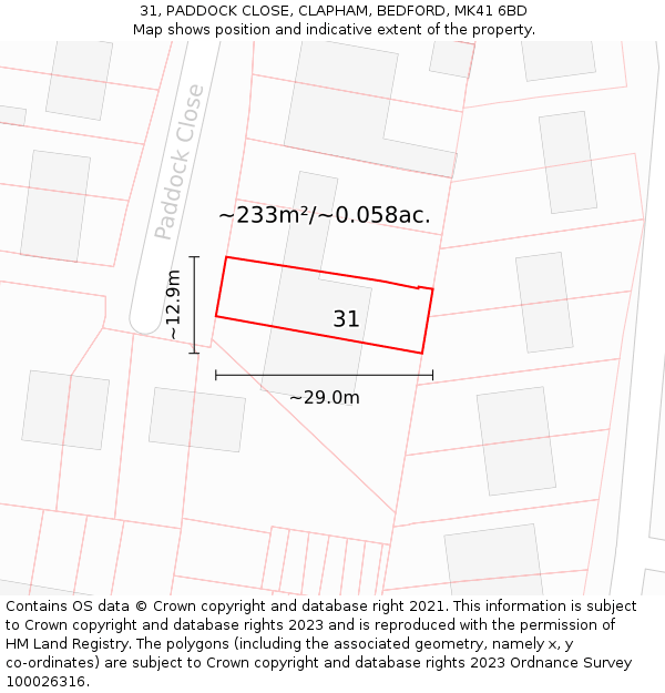 31, PADDOCK CLOSE, CLAPHAM, BEDFORD, MK41 6BD: Plot and title map