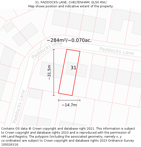 31, PADDOCKS LANE, CHELTENHAM, GL50 4NU: Plot and title map