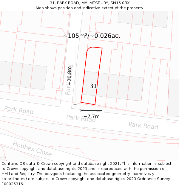 31, PARK ROAD, MALMESBURY, SN16 0BX: Plot and title map