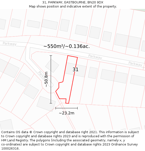 31, PARKWAY, EASTBOURNE, BN20 9DX: Plot and title map