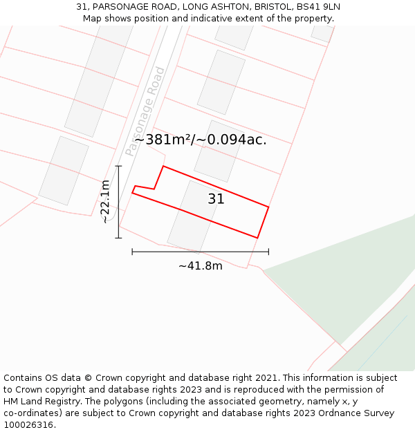 31, PARSONAGE ROAD, LONG ASHTON, BRISTOL, BS41 9LN: Plot and title map