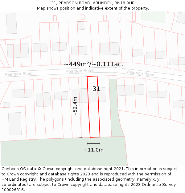 31, PEARSON ROAD, ARUNDEL, BN18 9HP: Plot and title map