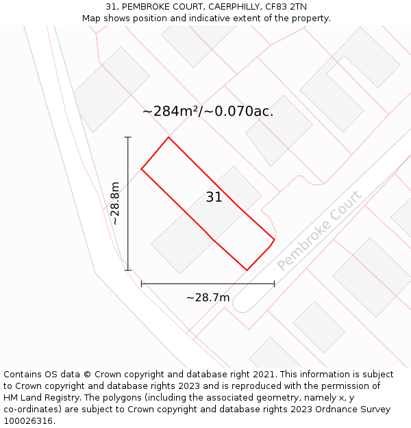 31, PEMBROKE COURT, CAERPHILLY, CF83 2TN: Plot and title map