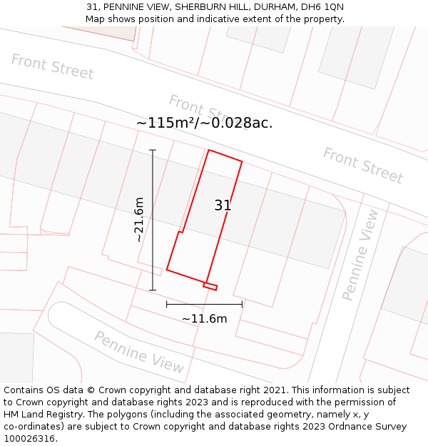 31, PENNINE VIEW, SHERBURN HILL, DURHAM, DH6 1QN: Plot and title map