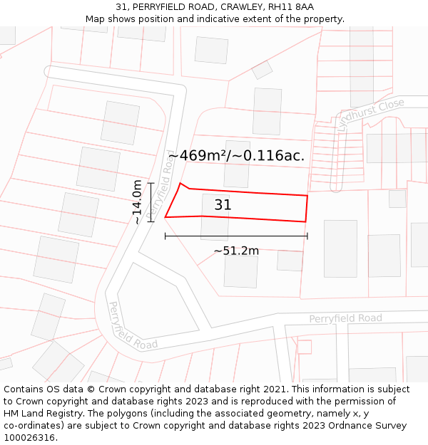 31, PERRYFIELD ROAD, CRAWLEY, RH11 8AA: Plot and title map