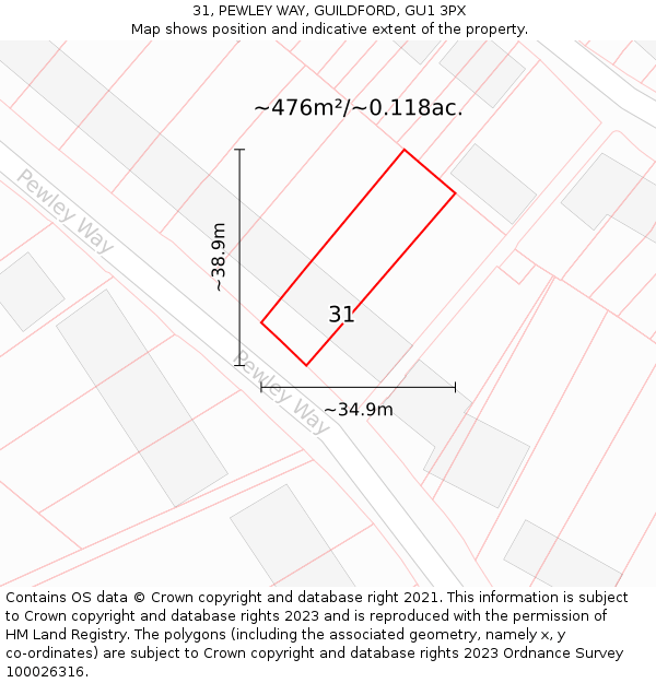 31, PEWLEY WAY, GUILDFORD, GU1 3PX: Plot and title map