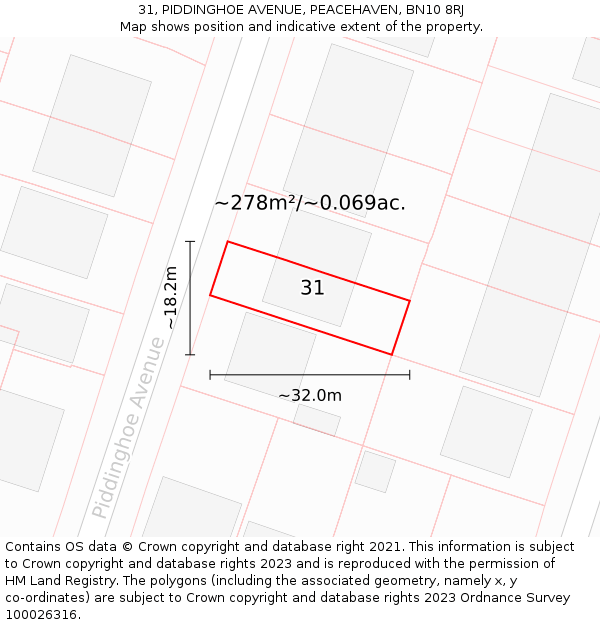 31, PIDDINGHOE AVENUE, PEACEHAVEN, BN10 8RJ: Plot and title map