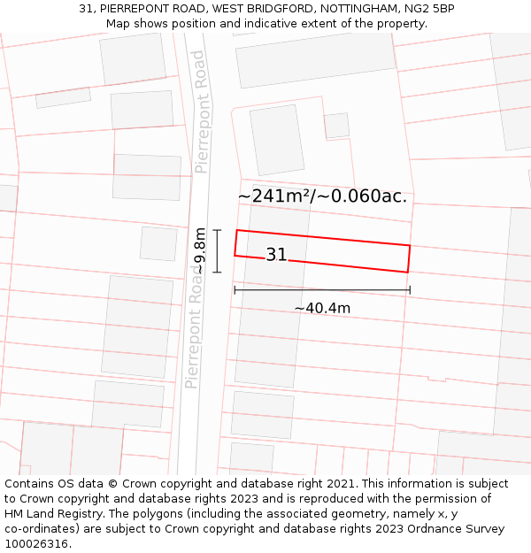 31, PIERREPONT ROAD, WEST BRIDGFORD, NOTTINGHAM, NG2 5BP: Plot and title map