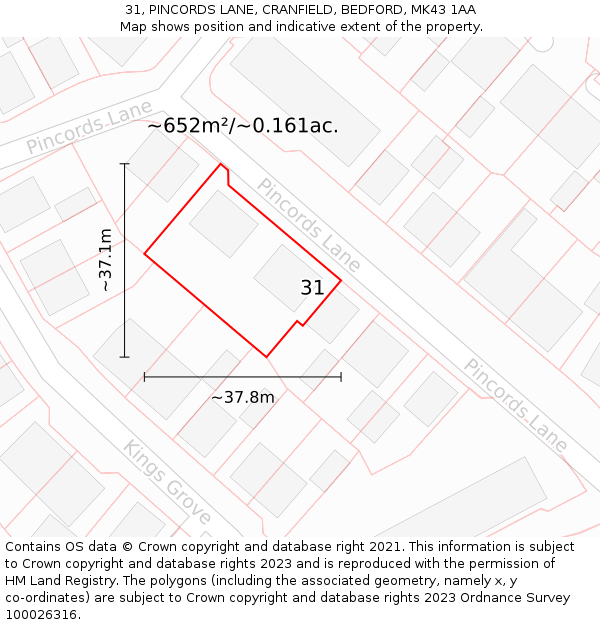 31, PINCORDS LANE, CRANFIELD, BEDFORD, MK43 1AA: Plot and title map