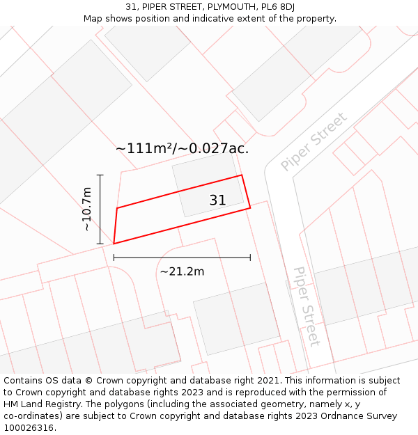 31, PIPER STREET, PLYMOUTH, PL6 8DJ: Plot and title map