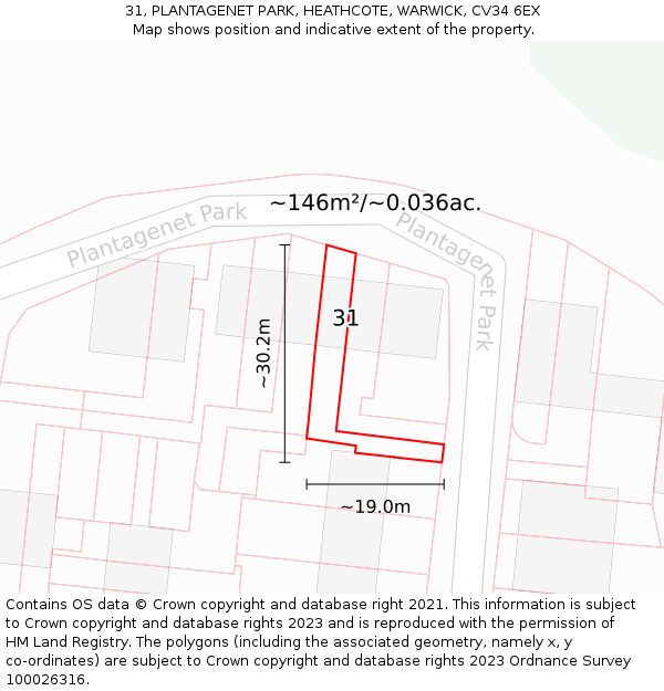 31, PLANTAGENET PARK, HEATHCOTE, WARWICK, CV34 6EX: Plot and title map