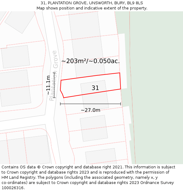 31, PLANTATION GROVE, UNSWORTH, BURY, BL9 8LS: Plot and title map