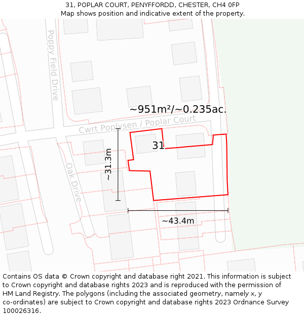 31, POPLAR COURT, PENYFFORDD, CHESTER, CH4 0FP: Plot and title map