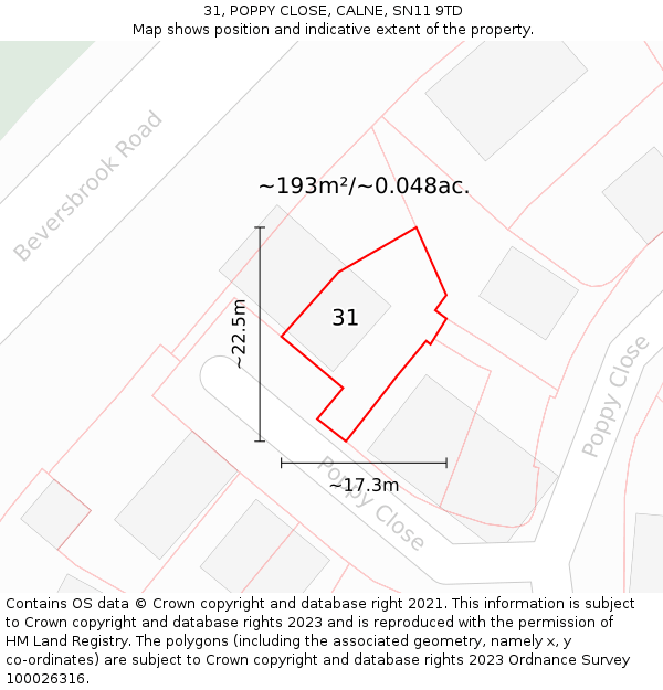 31, POPPY CLOSE, CALNE, SN11 9TD: Plot and title map