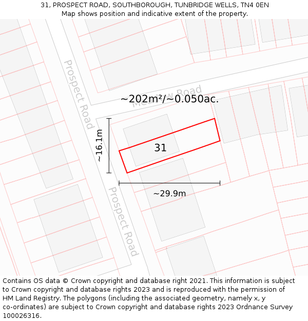 31, PROSPECT ROAD, SOUTHBOROUGH, TUNBRIDGE WELLS, TN4 0EN: Plot and title map