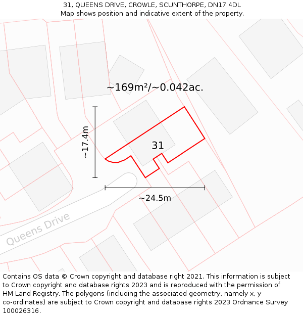 31, QUEENS DRIVE, CROWLE, SCUNTHORPE, DN17 4DL: Plot and title map