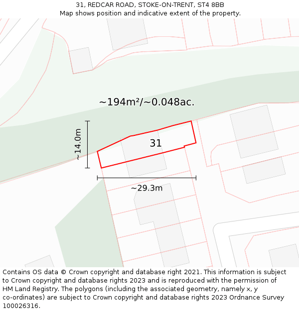 31, REDCAR ROAD, STOKE-ON-TRENT, ST4 8BB: Plot and title map