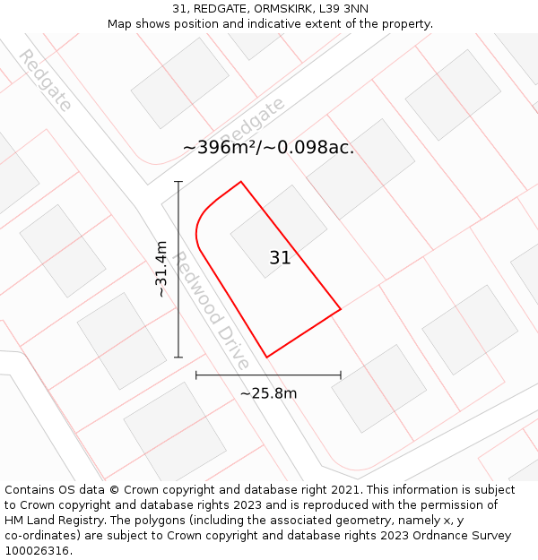 31, REDGATE, ORMSKIRK, L39 3NN: Plot and title map