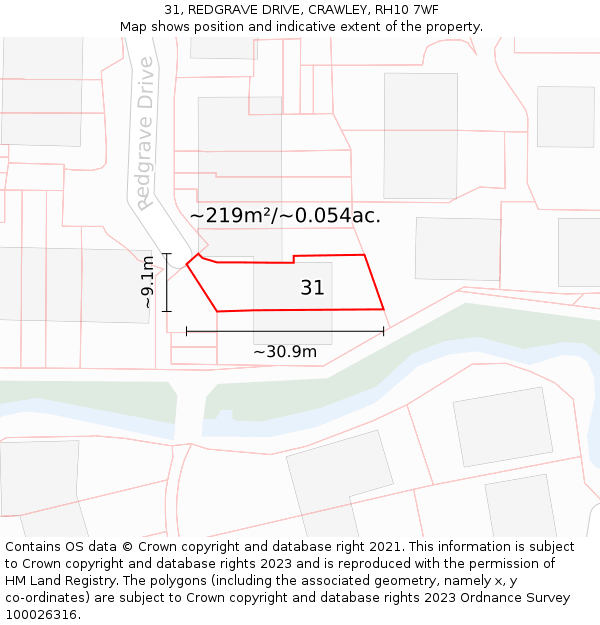 31, REDGRAVE DRIVE, CRAWLEY, RH10 7WF: Plot and title map