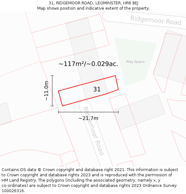 31, RIDGEMOOR ROAD, LEOMINSTER, HR6 8EJ: Plot and title map