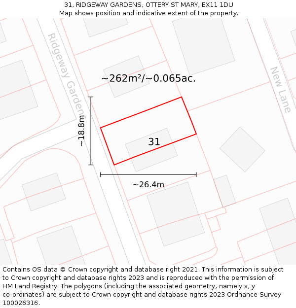 31, RIDGEWAY GARDENS, OTTERY ST MARY, EX11 1DU: Plot and title map