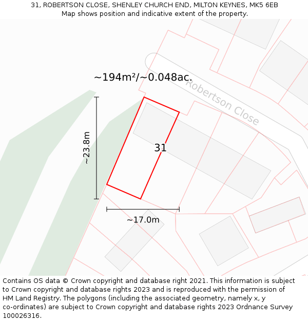 31, ROBERTSON CLOSE, SHENLEY CHURCH END, MILTON KEYNES, MK5 6EB: Plot and title map