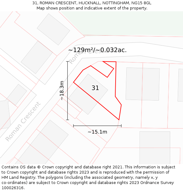 31, ROMAN CRESCENT, HUCKNALL, NOTTINGHAM, NG15 8GL: Plot and title map