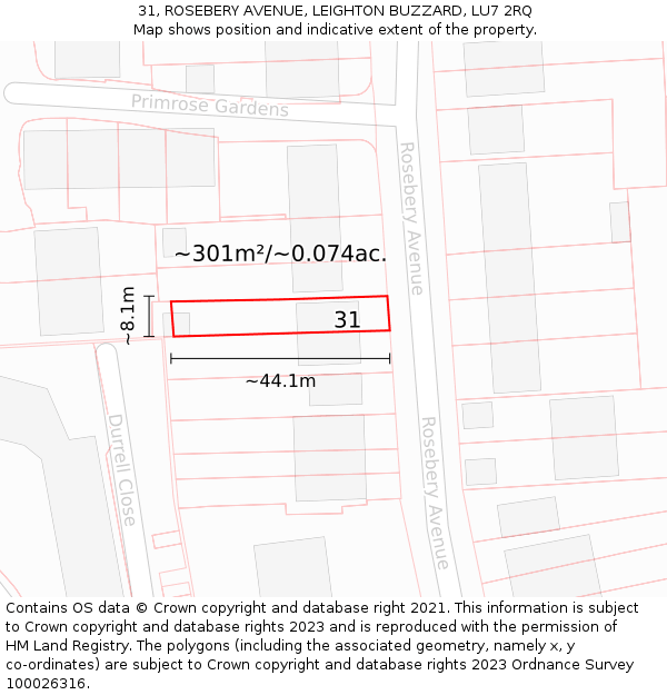 31, ROSEBERY AVENUE, LEIGHTON BUZZARD, LU7 2RQ: Plot and title map