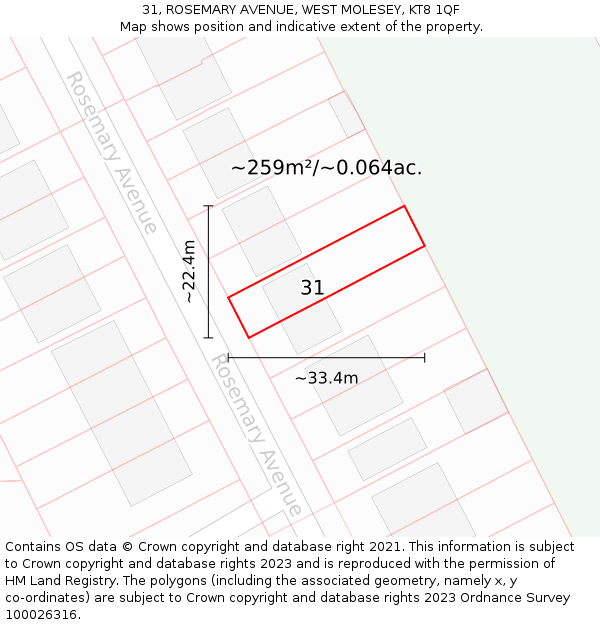 31, ROSEMARY AVENUE, WEST MOLESEY, KT8 1QF: Plot and title map