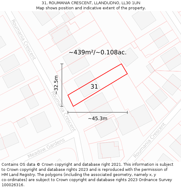 31, ROUMANIA CRESCENT, LLANDUDNO, LL30 1UN: Plot and title map