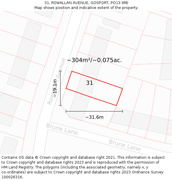 31, ROWALLAN AVENUE, GOSPORT, PO13 9RE: Plot and title map