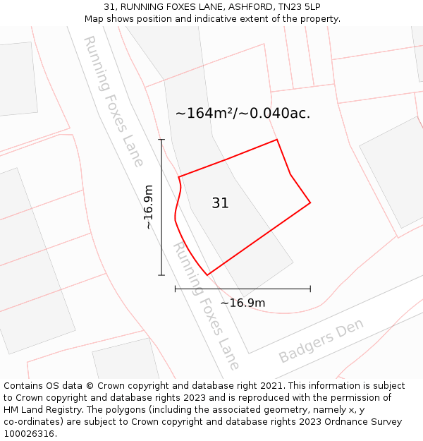 31, RUNNING FOXES LANE, ASHFORD, TN23 5LP: Plot and title map