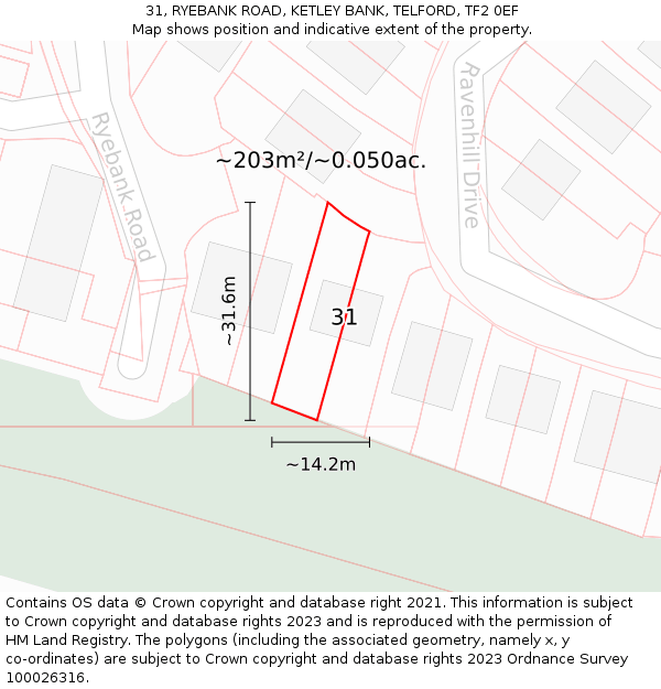 31, RYEBANK ROAD, KETLEY BANK, TELFORD, TF2 0EF: Plot and title map