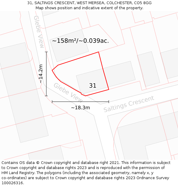 31, SALTINGS CRESCENT, WEST MERSEA, COLCHESTER, CO5 8GG: Plot and title map