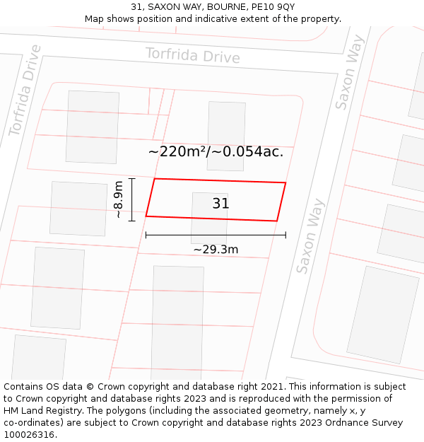 31, SAXON WAY, BOURNE, PE10 9QY: Plot and title map