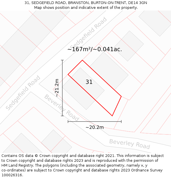 31, SEDGEFIELD ROAD, BRANSTON, BURTON-ON-TRENT, DE14 3GN: Plot and title map