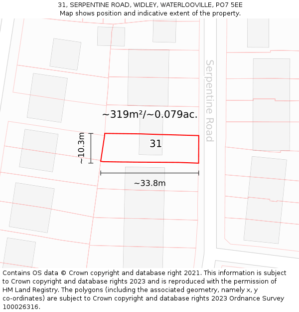 31, SERPENTINE ROAD, WIDLEY, WATERLOOVILLE, PO7 5EE: Plot and title map