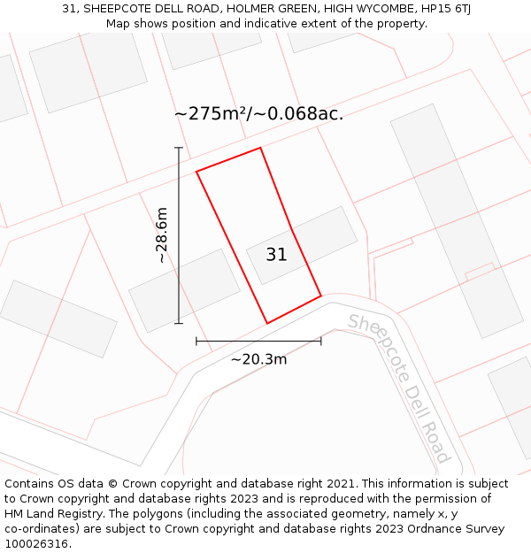 31, SHEEPCOTE DELL ROAD, HOLMER GREEN, HIGH WYCOMBE, HP15 6TJ: Plot and title map