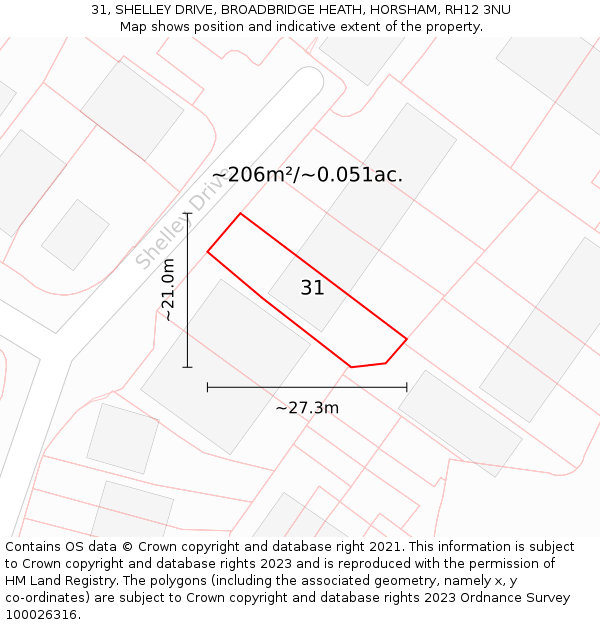 31, SHELLEY DRIVE, BROADBRIDGE HEATH, HORSHAM, RH12 3NU: Plot and title map