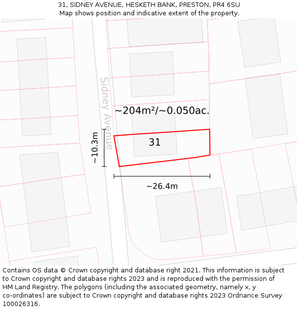 31, SIDNEY AVENUE, HESKETH BANK, PRESTON, PR4 6SU: Plot and title map