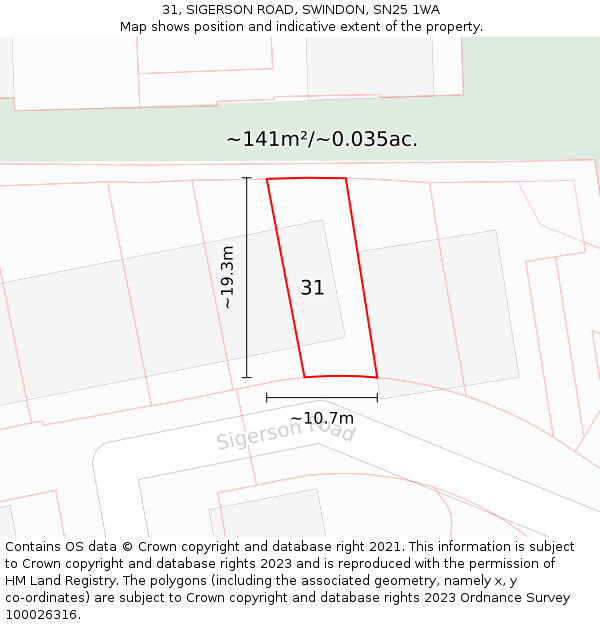 31, SIGERSON ROAD, SWINDON, SN25 1WA: Plot and title map